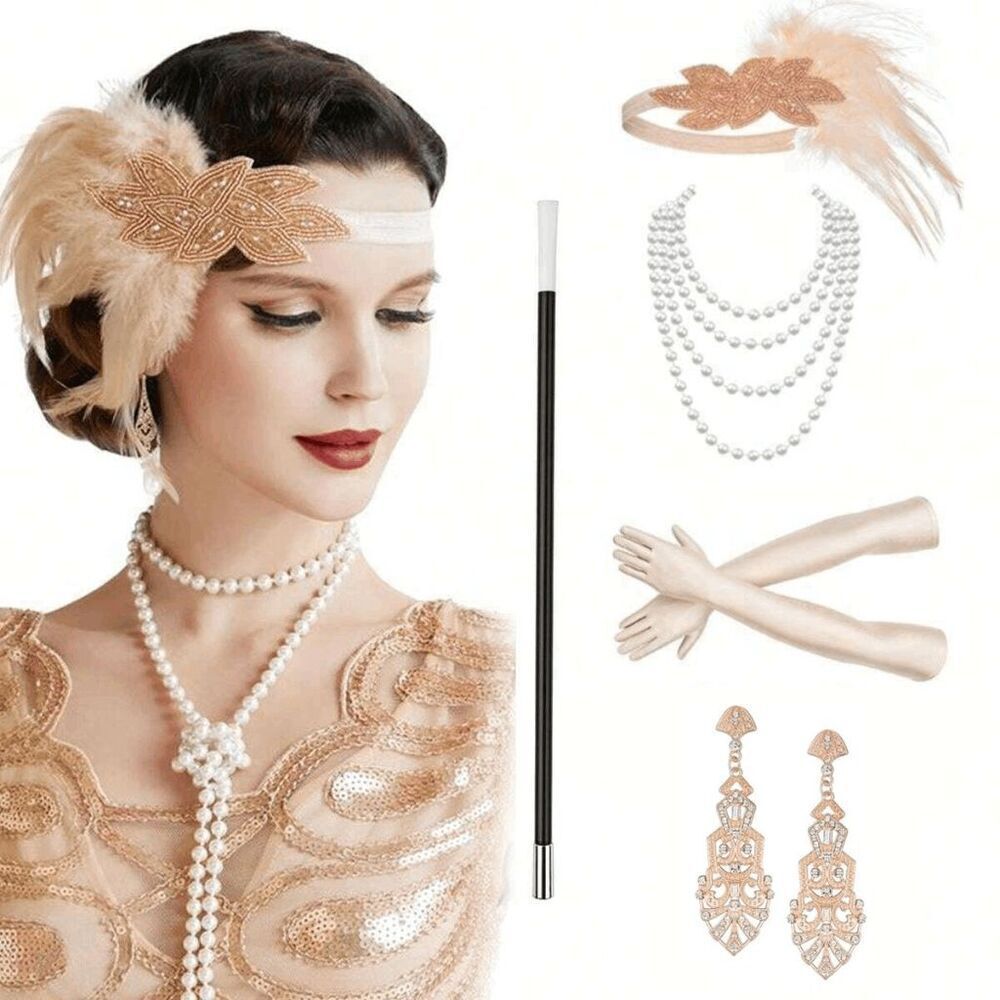 ️5PCS 1920s Gold Accessories Flapper Great Gatsby Vintage Retro Costume Set NEW